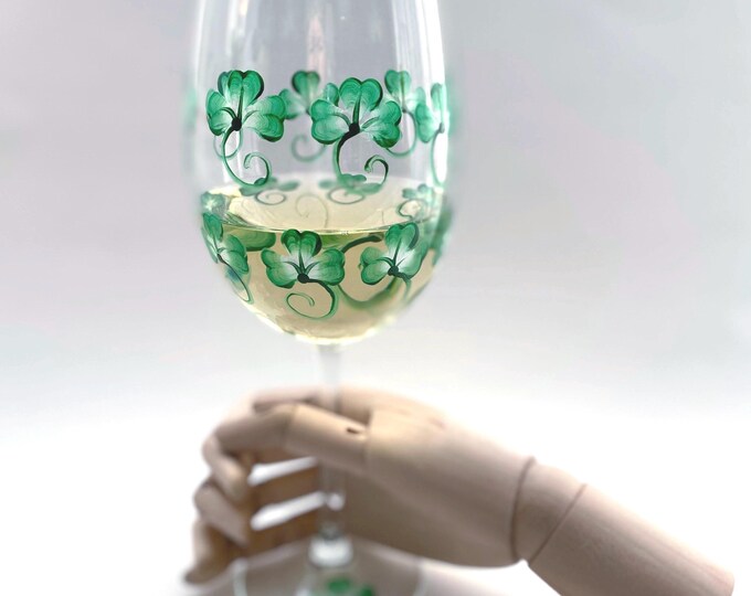 Hand Painted Shamrock Wine Glass Irish Stemware.