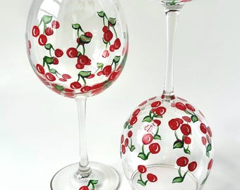 Hand Painted Cherry Wine Glasses - Minimalist Set of 2