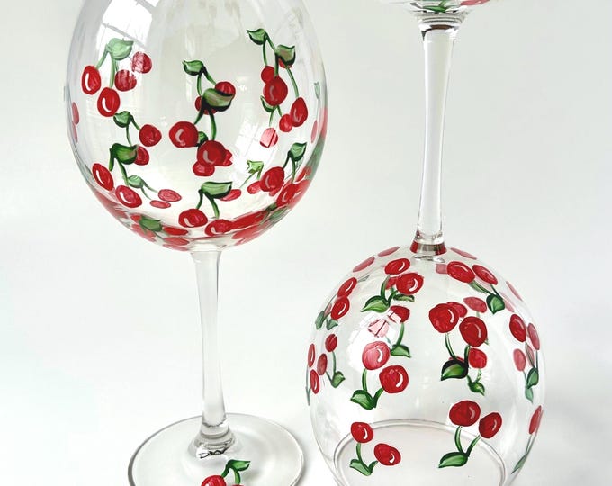 Hand Painted Cherry Wine Glasses - Minimalist Set of 2