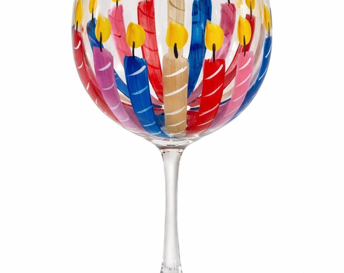 Personalized Birthday wine glass- year and name - unique hand painted design with candles
