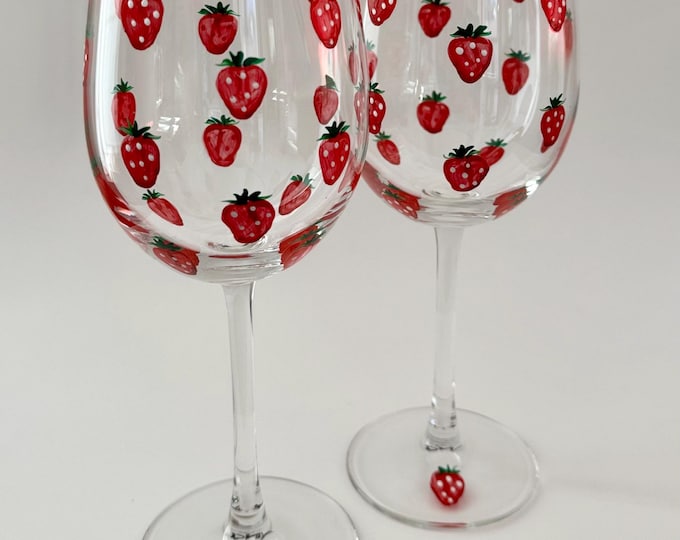 Hand-Painted Strawberry Wine Glasses Set of 2, Minimalist Summer Decor
