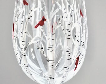 Hand painted cardinal wine glass with birch trees - Memorial gift