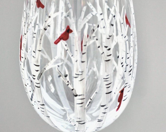 Hand painted cardinal wine glass with birch trees - Memorial gift