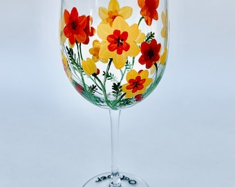 Hand painted October Birth Month wine glass - personalize- October Birthday glass- Marigold flower- Fall barware