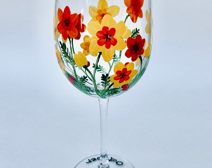 Hand painted October Birth Month wine glass - personalize- October Birthday glass- Marigold flower- Fall barware