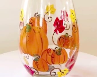 Hand Painted Pumpkin Wine Glass: Fall Leaves Thanksgiving Decor