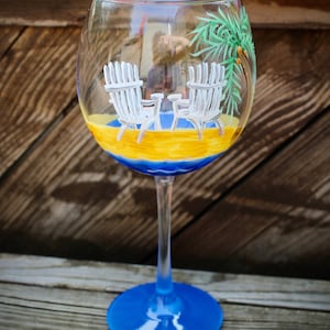 Summer wine glass with beach chairs hand painted on it, great Retirement gift or Wedding favors. Beach barware. Birthday glass. USA