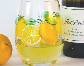 Hand painted Summer decor lemon wine glass