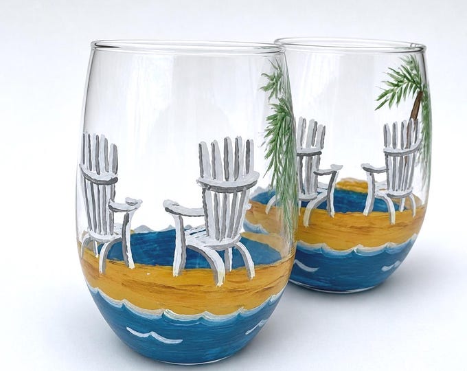 Hand Painted Stemless Wine Glasses, Set of 2 Adirondack Chairs & Palm Tree, Island Art
