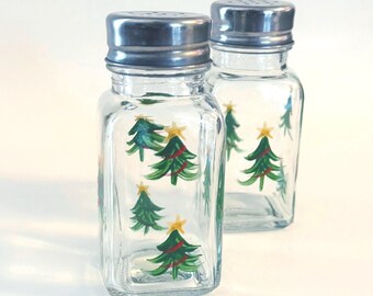Hand Painted Christmas Tree Salt and Pepper Shakers - Holiday Hostess Gift