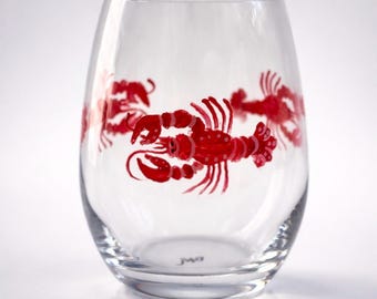 Hand Painted Lobster Beach Wine Glass - Coastal Summer Wedding Favor