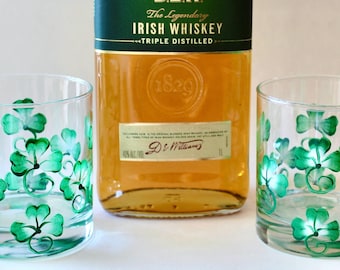 Whiskey Glasses, Set of Two Hand Painted Shamrocks Irish Bar Decor