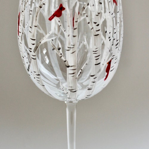 Hand painted wine glass with cardinals in birch trees.  Large capacity.  Made in USA.  Memorial glass. Gift for her.