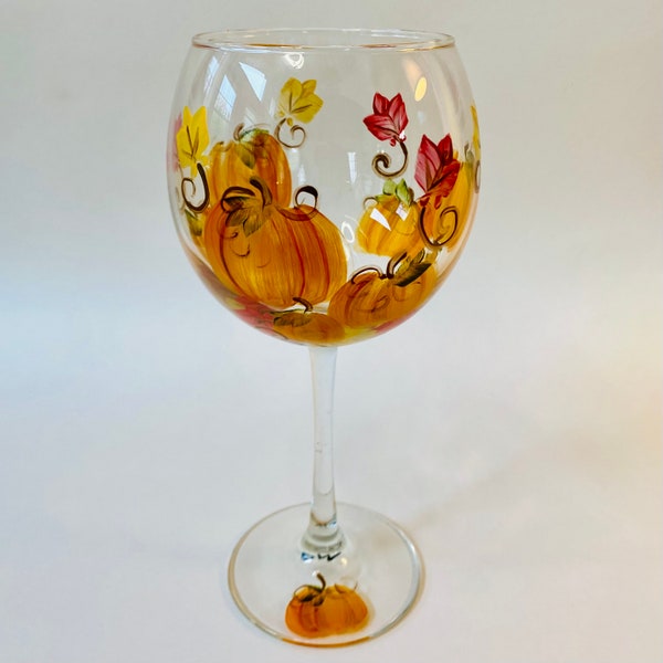 Pumpkin Wine Glass with Fall Leaves, hand painted. Autumn wine glass.  Thanksgiving decor/ barware.  Made in USA.