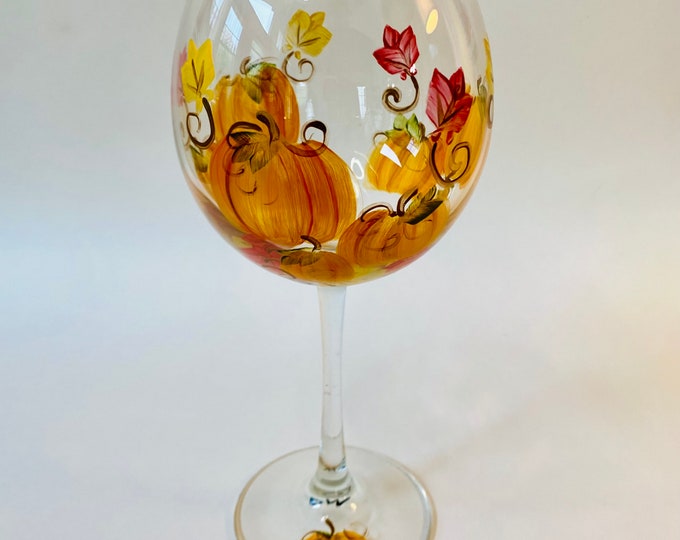 Pumpkin Wine Glass with Fall Leaves. Hand painted. Thanksgiving decor. Made in USA.