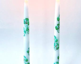 Hand Painted Shamrock Candles: Irish Taper Candle Set unscented