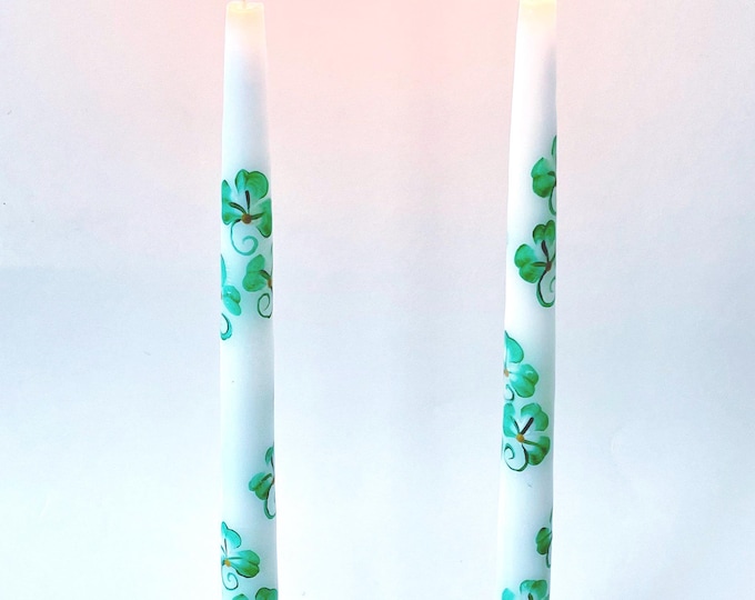 Hand Painted Shamrock Candles: Irish Taper Candle Set unscented