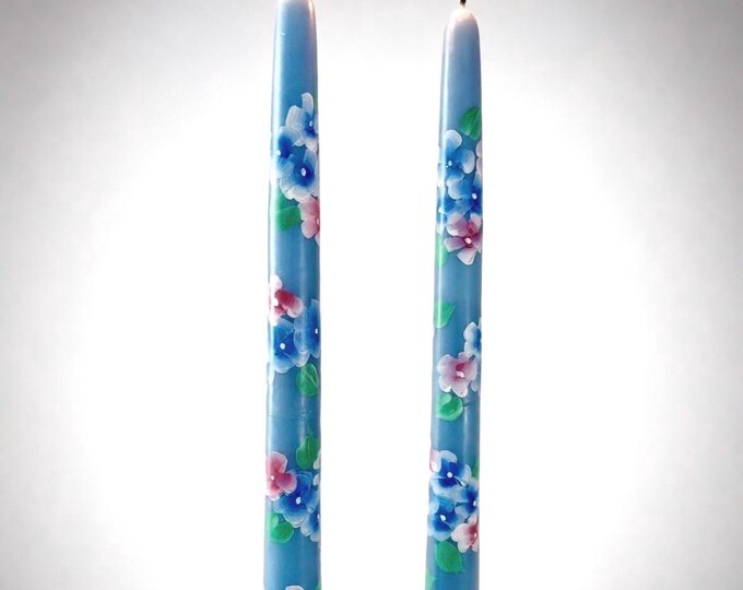 Hand Painted Blue Hydrangea Taper Candles - Set of 2, 12 Inch, Cotton Wicks, Unscented