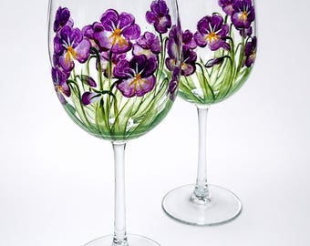 Hand Painted Violet Wine Glasses Set – February Birth Flower Botanical Art