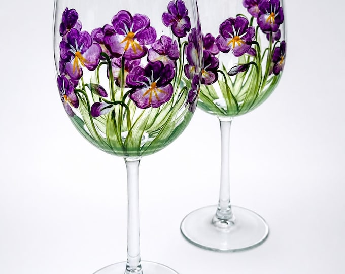 Hand Painted Violet Wine Glasses Set – February Birth Flower Botanical Art
