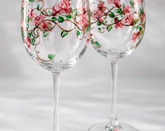 Hand Painted Rose Wine Glasses, Floral Anniversary Gift, Set of 2
