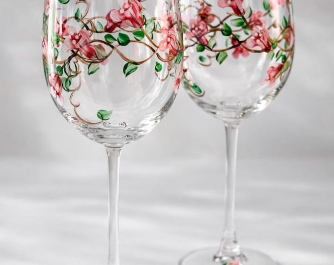 Hand Painted Rose Wine Glasses, Floral Anniversary Gift, Set of 2