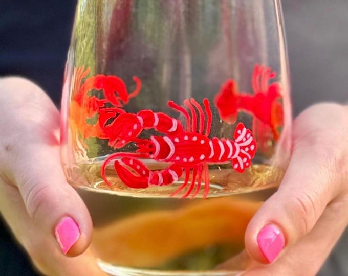 Hand Painted Lobster Wine Glass: Beach Barware, Summer Wedding Favor