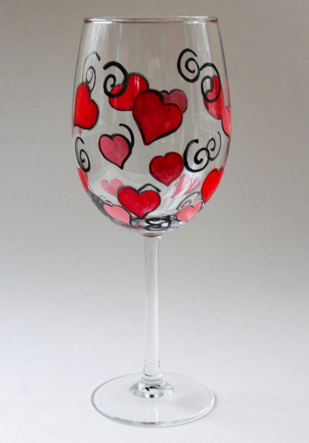 Valentine Hearts Wine Glass Hand Painted. Wedding and Anniversary Wine