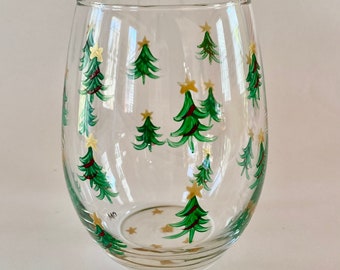 Christmas wine glass. Stemless. Hand Painted Christmas trees. Winter barware. Wine lover gift. Minimalist design. USA.