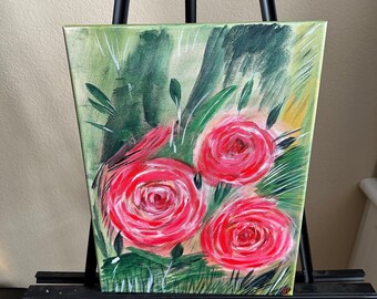 Three red roses acrylic painting original 12"x16" mounted on canvas frame.