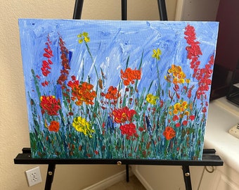 Fleurs sauvages impressionnistes, rouge, jaune, orange, bleu, vert, toile plate, 18 x 14 po., texturé.
