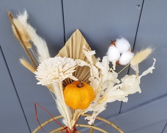 Fall Thanksgiving Bouquet Cake Topper Dried and Sola Flowers Pumpkin with Palm Cotton and preserved leaves Centerpiece