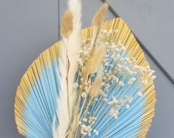 The Marie French Baby Blue & Gold Palm Bouquet dried flowers Babies Breath/DIY Cake Topper Wedding/Gold Party Decor