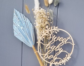 Sweet Baby Boy Wood Natural Cake Topper Dried Flower Bouquet blue painted glitter Palm Babies Breathe Baby Shower Decoration Centerpiece DIY