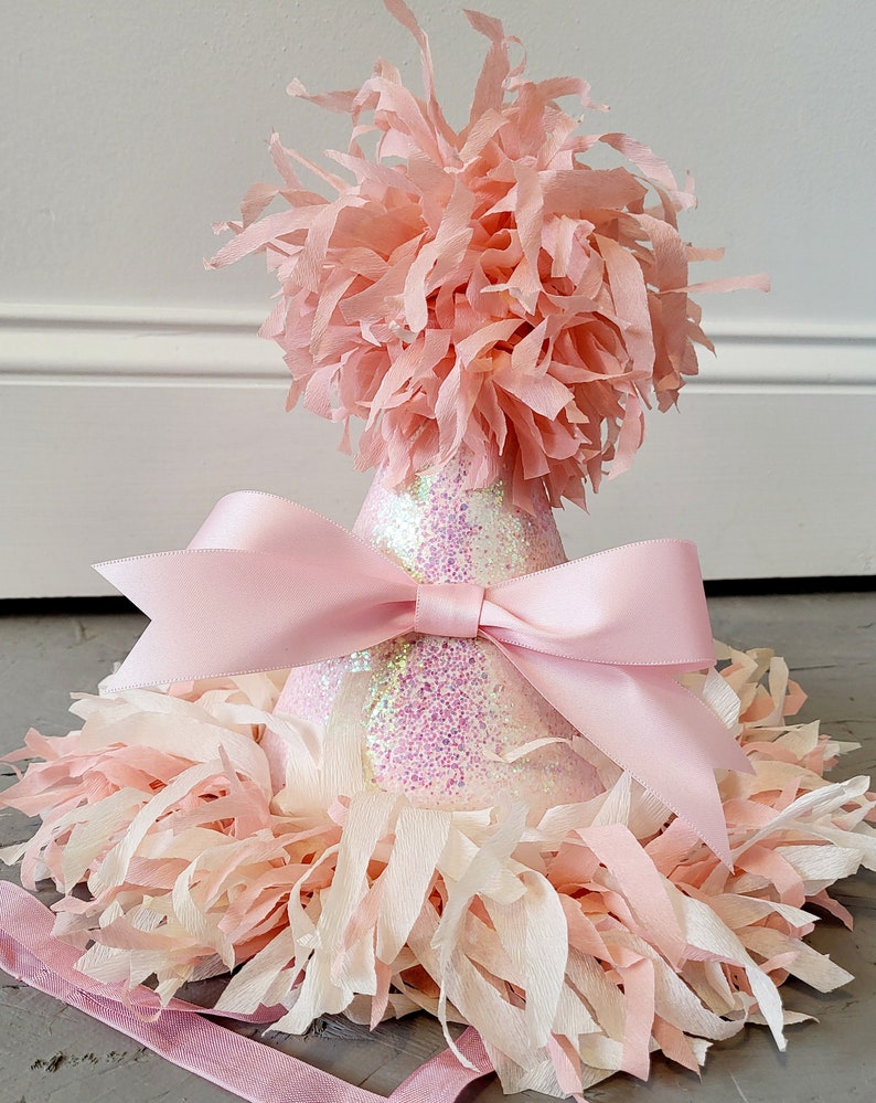 Birthday Party Hat Pink bow Birthday party hat Glitter party Centerpiece First Birthday Decor Baby Shower imagem 4