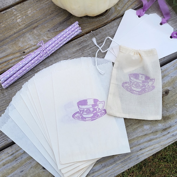 Lavender Tea Party mini kit, 8 stamped Tea Cup Goodie Favor bags, 12 Lavender polka dot straws, 3 tags with ribbon in a muslin stamped bag