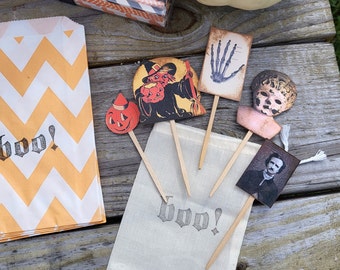 Boo! Halloween Party Kit Paper straws, Cupcake toppers vintage Halloween graphics  cupcake baking cups stamped Trick or treat favor bags