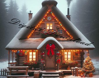 Christmas House In The Snow Digital Instant Download JPG Includes 4 Pictures Clip Art
