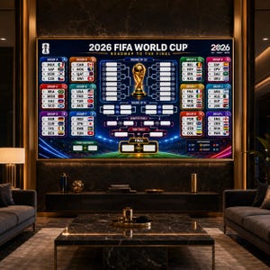 Könnte beinhalten: Ein großer Wandbildschirm mit dem Turnierplan 2026 FIFA World Cup Roadmap to the Final. Die Grafik enthält die Gruppenphasen von A bis L, ein zentrales Diagramm für die K.-o.-Runden sowie eine Abbildung des goldenen Weltmeisterschaftspokals.