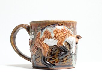 Colorful Mug with Fox, Handmade Mug for Nature Lovers, Brown Mug with Forest, Gift for Nature Enthusiast, Fox Art, Coffee Cup, Tea mug