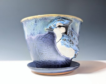 Blue Jay on Handmade Purple Flower Pot with Yellow Rim, Pot for Plants with Blue Jay, House Plant Pot with Bird, Handmade Pottery with Birds