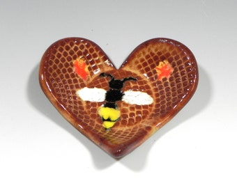 Heart-Shaped Dish with Bee, Honey Brown, Ready to Ship, Ring bowl, Fork Rest, Made in the USA, Engagement Gift, For Her, For Him, Wedding