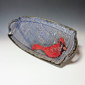 Blue Serving Tray with Red Cardinal Relief Art on a Forest Textured Background, Gift for Bird Lover, Red Bird Art, Ceramic Platter with Bird