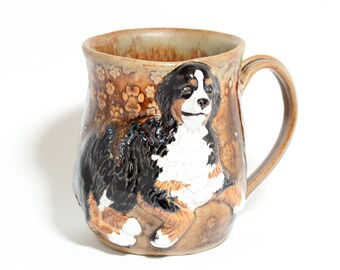 Handmade Ceramic Mug with Bernese Mountain Dog, Pottery Mug, Brown Mug, Dog Mug, Coffee Cup, Tea Mug, Berner Lover, Gift for Dog Lover