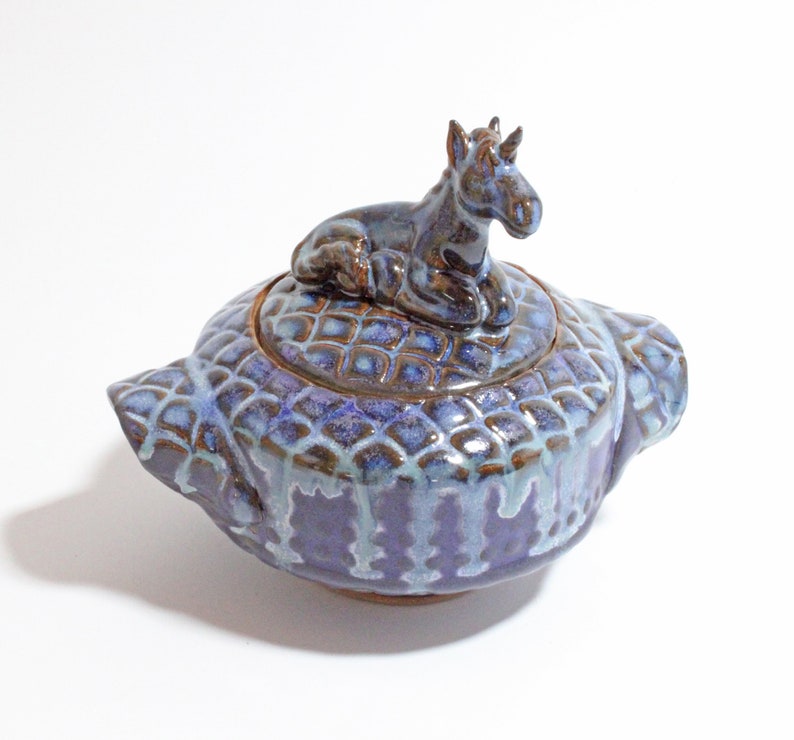 Unicorn Lover Lidded Ceramic Pot, Lidded bowl, Lidded Sugar Bowl, Lidded Salt Cellar, Unicorn Figurine, Lidded Vessel, Sugar Pot, Small Bowl image 1