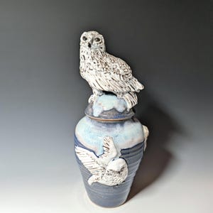 May include: A ceramic owl-themed urn with a lid. The urn is primarily blue with white and light blue accents. A detailed owl sculpture sits atop the lid, and another owl is sculpted on the urn's body. The urn is a decorative item.