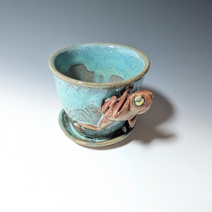 May include: A turquoise ceramic planter with a brown frog sculpture attached to the side. The frog has yellow eyes and is positioned as if climbing out of the planter. The planter sits on a matching saucer.