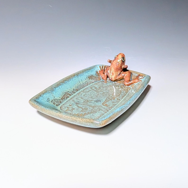 May include: A rectangular ceramic dish with a turquoise rim and a brown frog figurine. The dish has a textured surface with a detailed pattern. The frog is brown and appears to be resting on the edge of the dish.