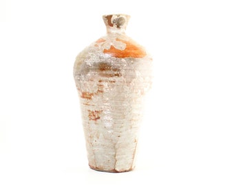 Bottle Woodfired in Orange and Cream, Handmade in Ohio, Wheel Thrown Bottle Ceramic, Vase Rustic Natural Design, Flower Vase Cottage Core