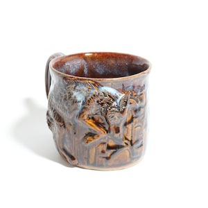 Handmade Mug for Nature Lovers with Sculpted Fox Relief, Brown Mug with Forest, Gift for Nature Enthusiast, Fox Art, Coffee Cup, Tea mug